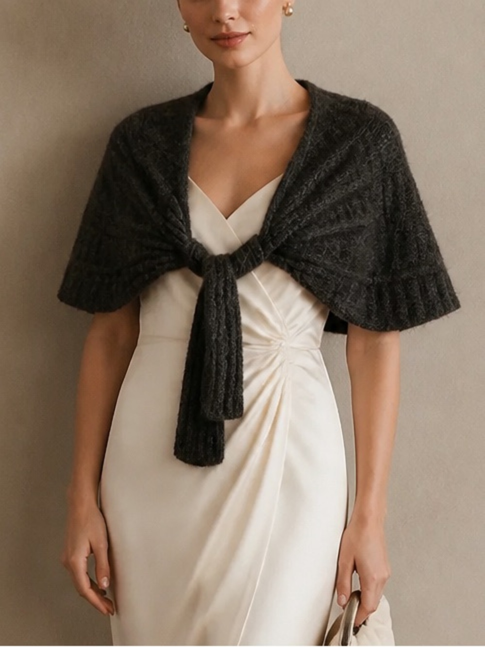 Italian Wool Mohair Caplet Tie Front in Charcoal Cape Quiet Luxury Fall
